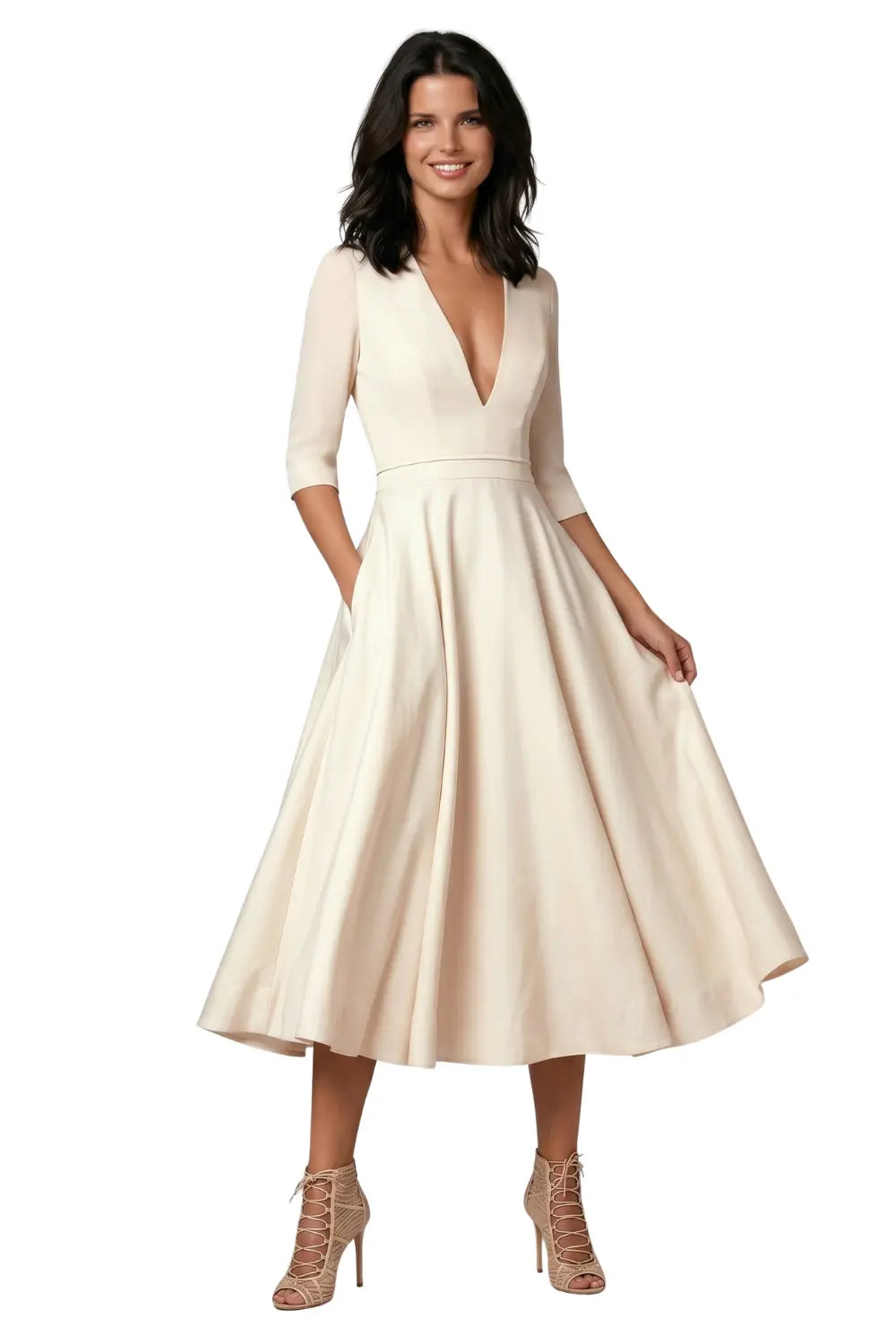 Women's Elegant Fit And Flare Midi Cocktail Dress with Sleeves Women's Elegant Fit And Flare Midi Cocktail Dress with Sleeves