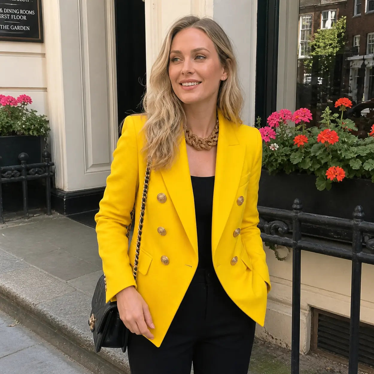 Woman in a yellow blazer standing on a city street with flowers and a building in the background