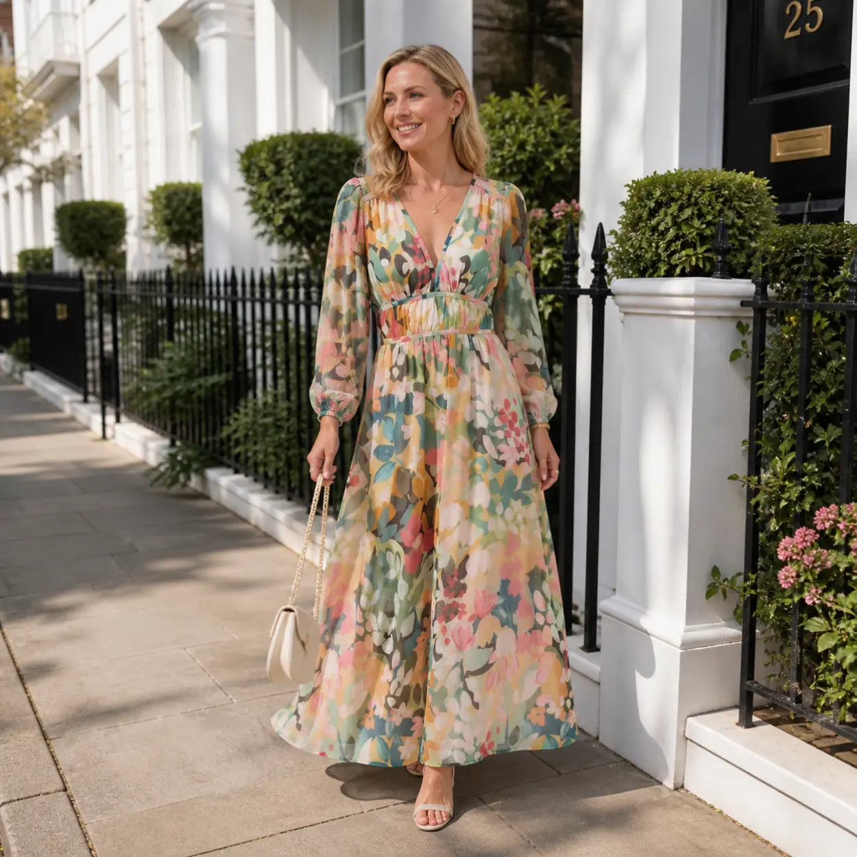 Woman in a floral dress standing on a sidewalk in an urban setting