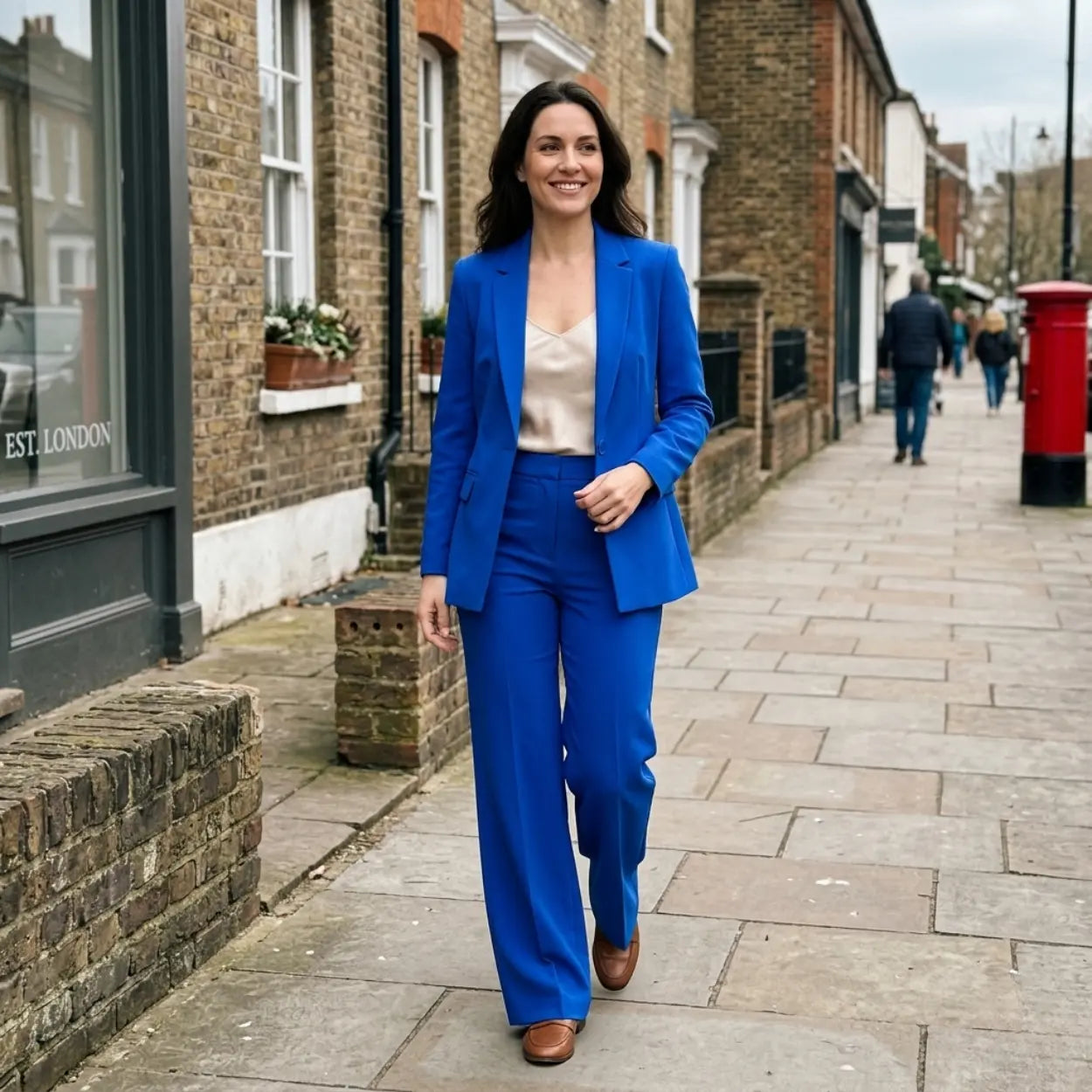 Woman in a blue suit walking down a street in London