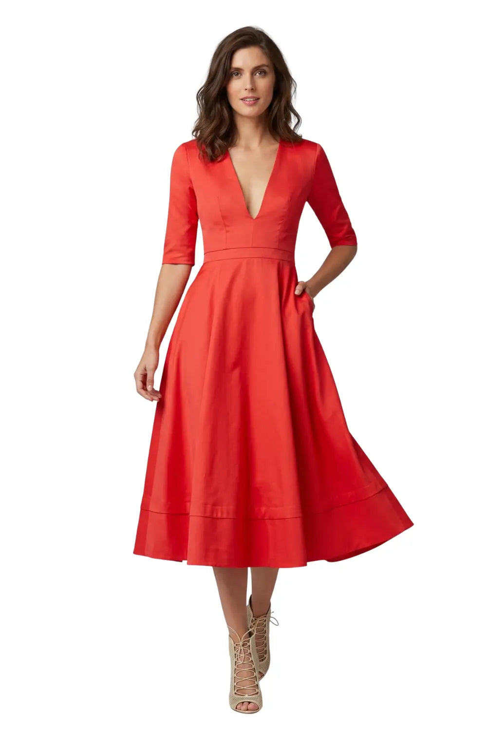 Women's Elegant Fit And Flare Midi Cocktail Dress with Sleeves Women's Elegant Fit And Flare Midi Cocktail Dress with Sleeves