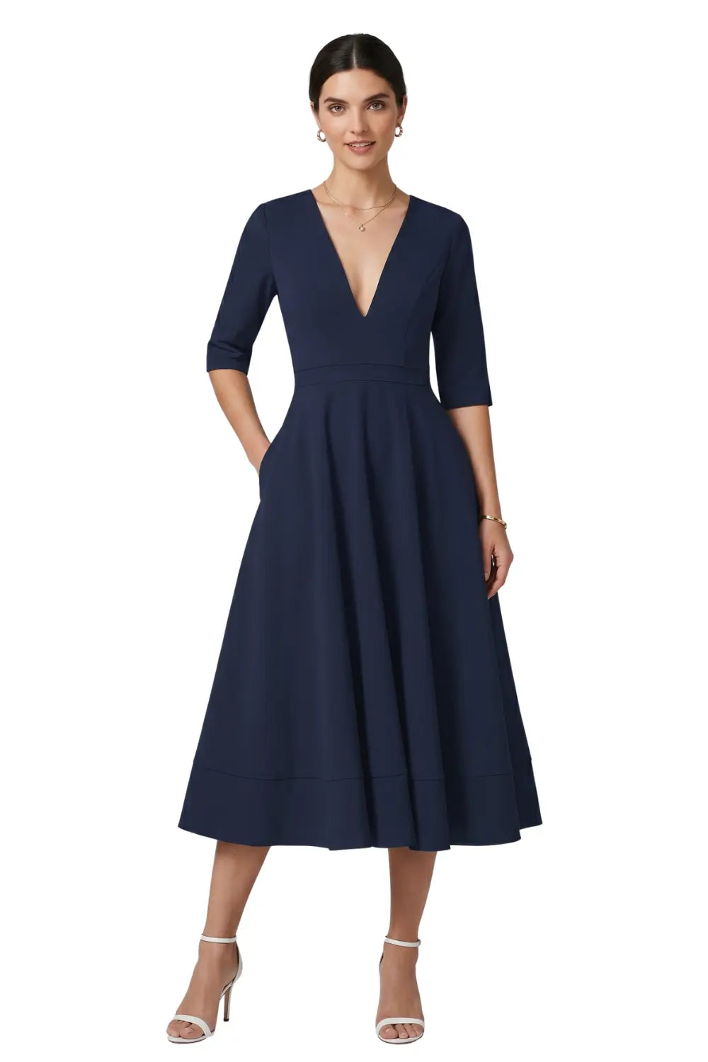Women's Elegant Fit And Flare Midi Cocktail Dress with Sleeves Women's Elegant Fit And Flare Midi Cocktail Dress with Sleeves